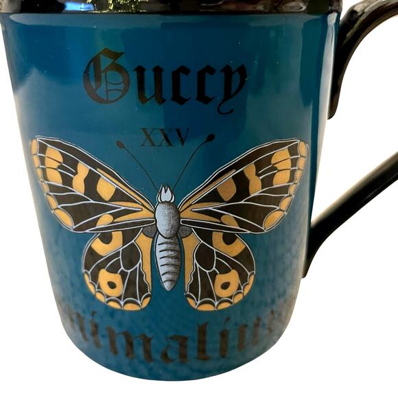 GUCCI XXV Animalium Print Mug Porcelain Butterfly with Lid Blue Black Gold NEW - Picture 3 of 16